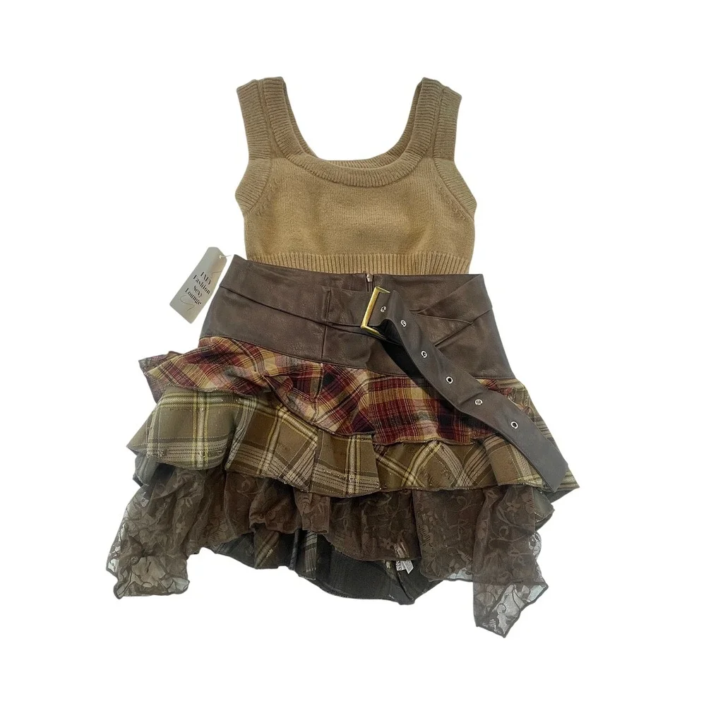 Plaid Tiered Ruffle Skirt Brown Lace Faux Leather Trim Mini Punk Grunge Med 3Set - Picture 5 of 8